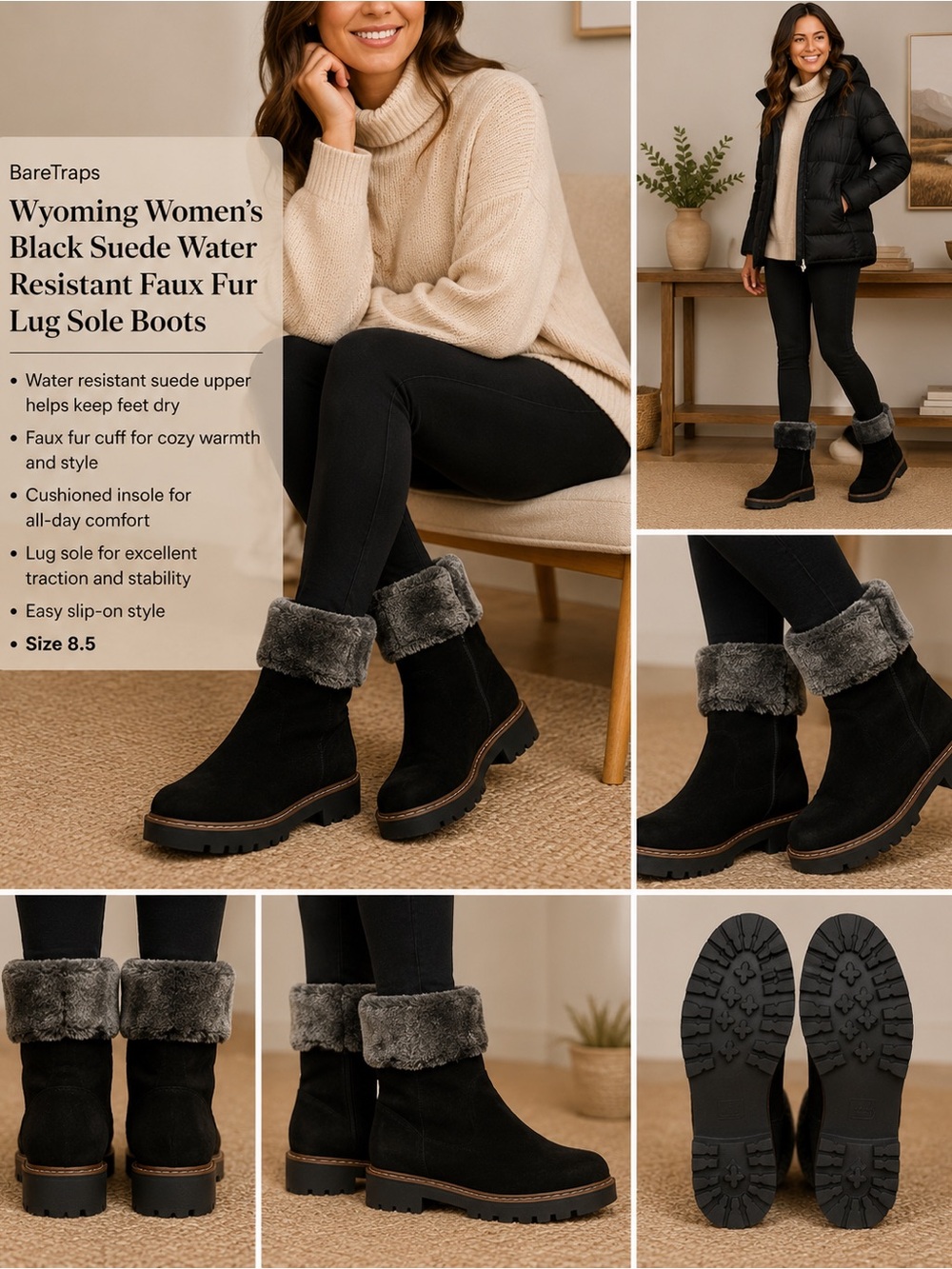 Baretraps Wyoming Womens Black Suede Water Resistant Faux Fur Lug Sole Boots